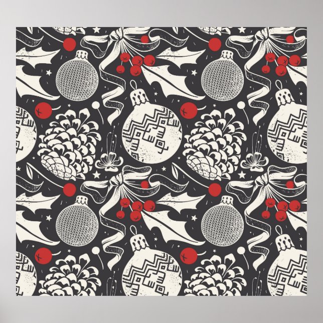 Poster Desenho-Mão De Natal: Mistletoe Pine Seamless. (Frente)