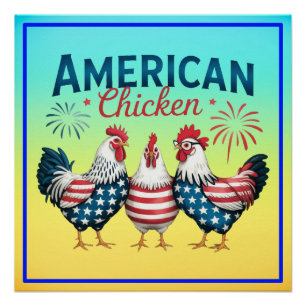Pôster Desenho Patriótico Americano de Frango de 4 de Jul