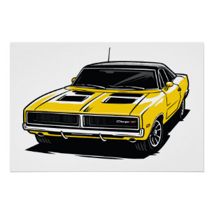 Pôster Desenho Pop de Muscle Car Amarelo Ousado