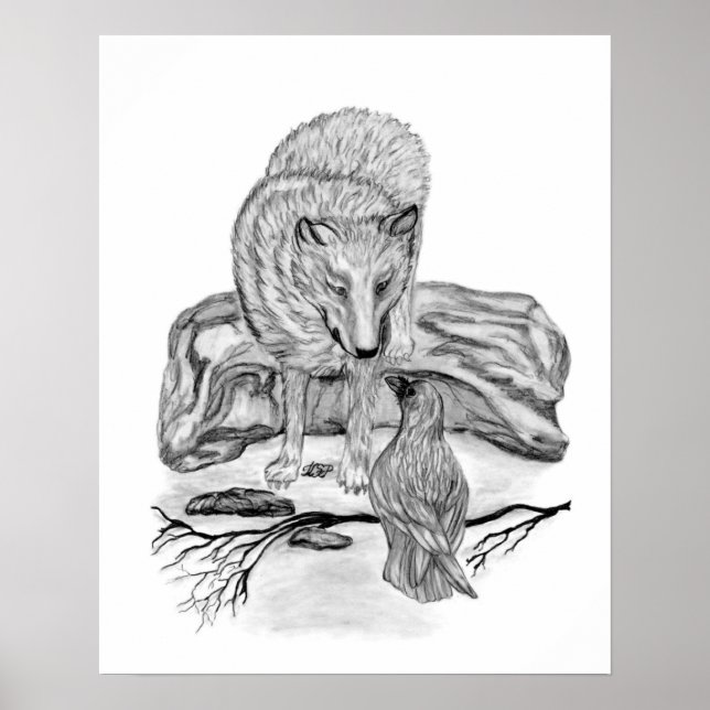 Pôster Desenho preto e branco de Lobo e Corvo (Frente)