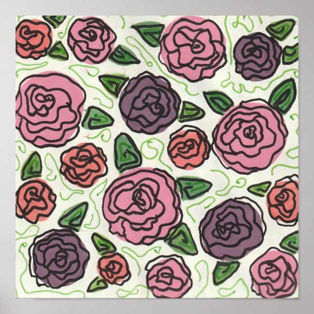 Poster Desenho simples de linhas de Rosas vermelhos e rox (Frente)