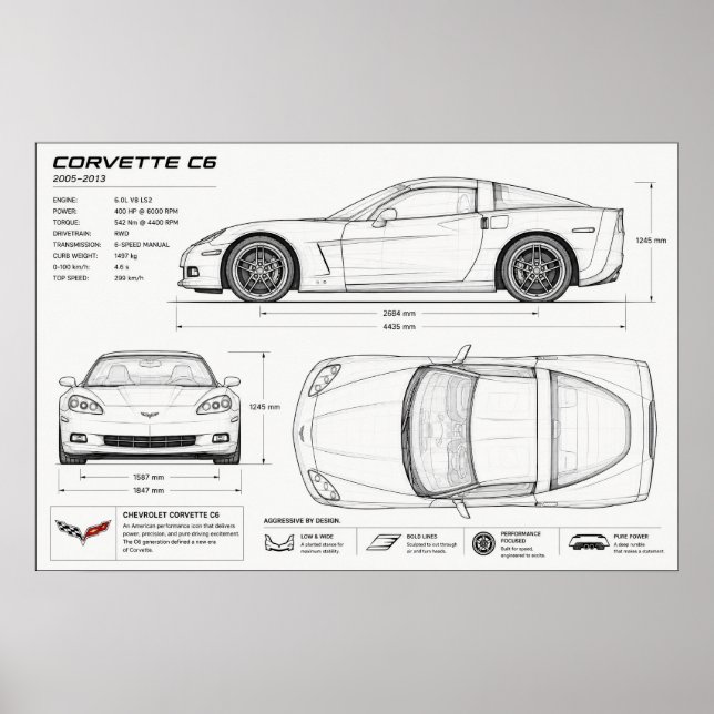 Poster desenho técnico da Corvette (Frente)