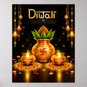 Poster Desenho Tradicional de Diwali Kalash e Diyas Festi
