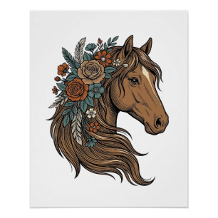 Pôster Desenho Vetorial de Cabeça de Cavalo Floral Vintag