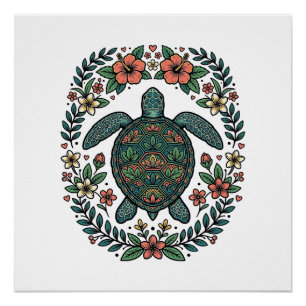 Pôster Desenho Vetorial Floral de Tartaruga Marinha Vinta