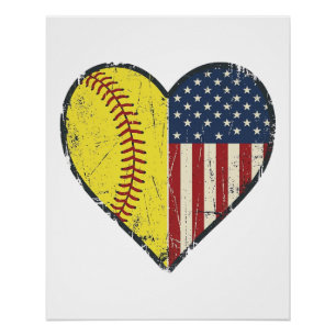Pôster Desenho Vetorial Vintage Coração de Softbol Patrió