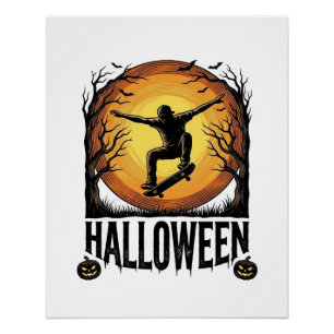 Pôster Desenho Vetorial Vintage de Skate de Halloween Lua