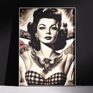 Pôster Desenho Vintage de Pin-up Tatuada em Preto e Branc