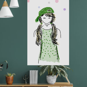 Poster Desenho Whimsical Moça Moderna Vestido Verde e Cha