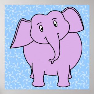 Pôster Desenhos animados roxos do elefante. Fundo floral