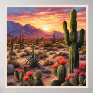 Poster Desert Blooming Cactus Colorida Sunrise Art