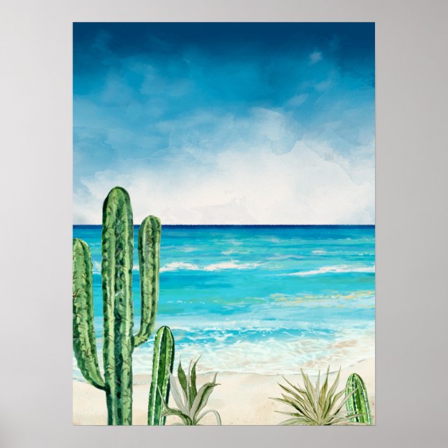 Poster Desert Cactus Beach Sea Seascape Watercolor (Frente)