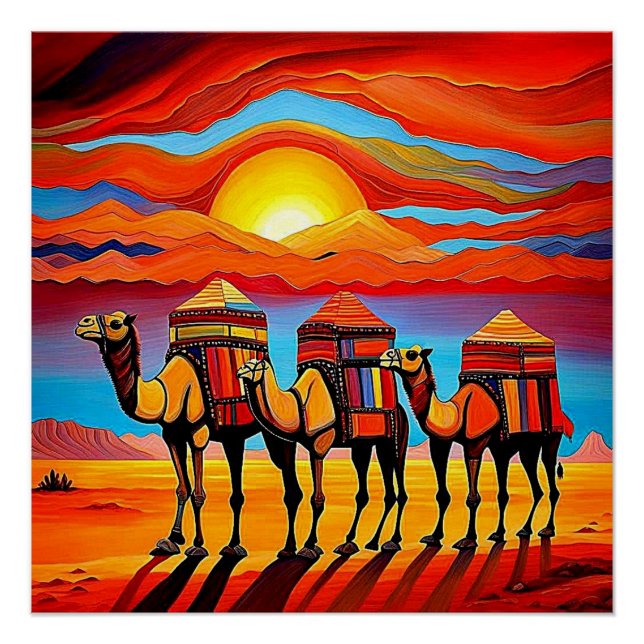 Pôster Desert Camel Caravan no pôr do sol 1 (Frente)