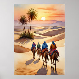 Poster Desert Journey at Sunset - Nomadan Camel Caravan