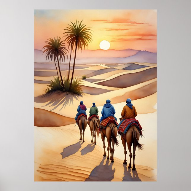 Poster Desert Journey at Sunset - Nomadan Camel Caravan (Frente)