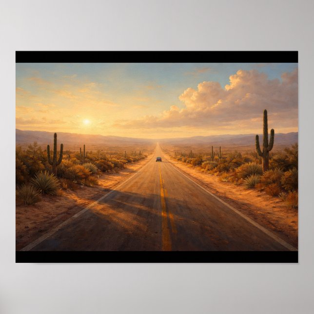 Poster Desert road with a single car far away (Frente)