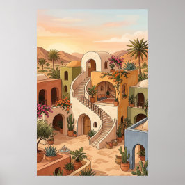 Poster Desert Village Sunset Art - Boho Colorful Houses
