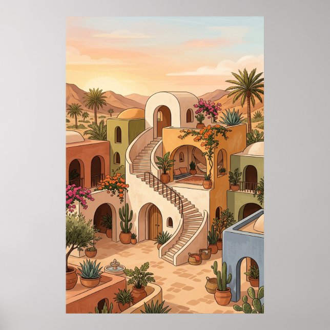 Poster Desert Village Sunset Art - Boho Colorful Houses (Frente)