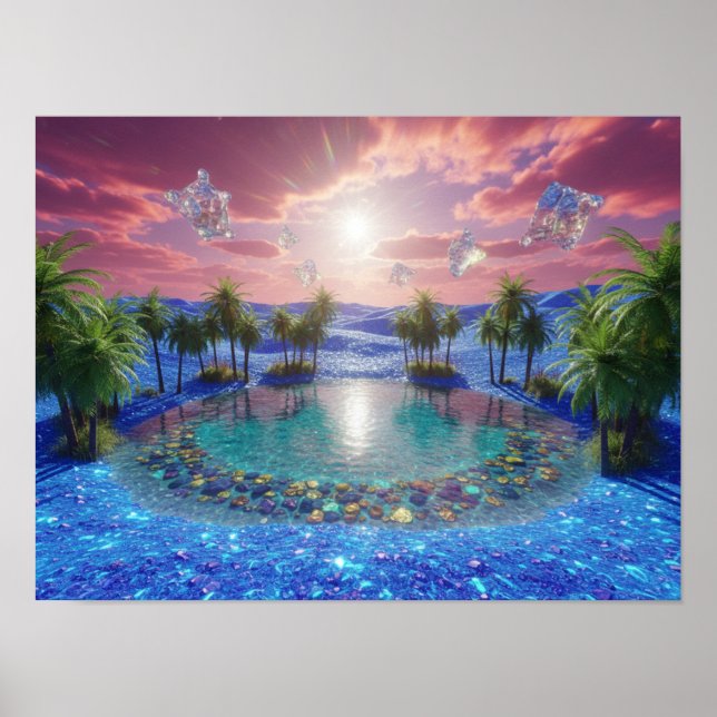 Poster Deserto Azul Neon e Cristais Flutuantes (Frente)