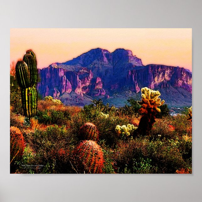Poster Deserto de Sonoran de Cactos e Montanha Roxa 10x8 (Frente)