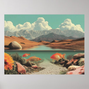 Poster Deserto e Lago Surreal com Peixes Dourados