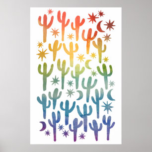 Poster Deserto Noturno Diversão Cactus Rainbow Patterna W