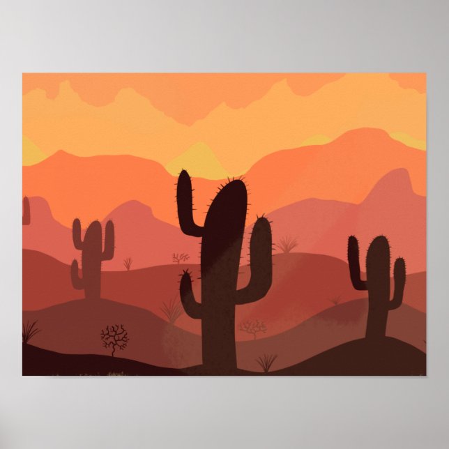 Poster Deserto Paisagem Desenho com Plantas (Frente)