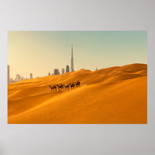 Poster Desertos   Vista Skyline do Dubai com Camelos