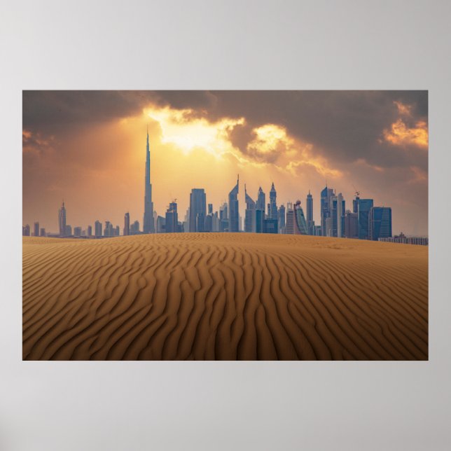 Poster Desertos | Vista Skyline do Dubai de Sand Dune (Frente)