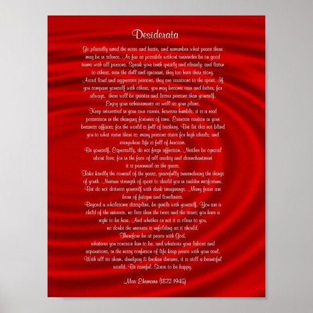 Pôster Desiderata "coisas desejadas", prosa em vermelho (Frente)