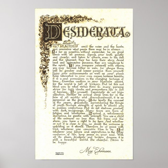 POSTER DESIDERATA por Max Ehrmann - Rolagem antiga (Frente)