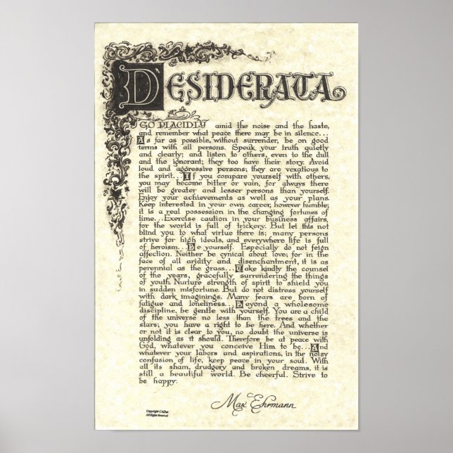 POSTER DESIDERATA por Max Ehrmann - Rolagem de car (Frente)