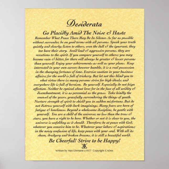 POSTER DESIDERATA por Pergaminho de Ouro Max Ehrma (Frente)