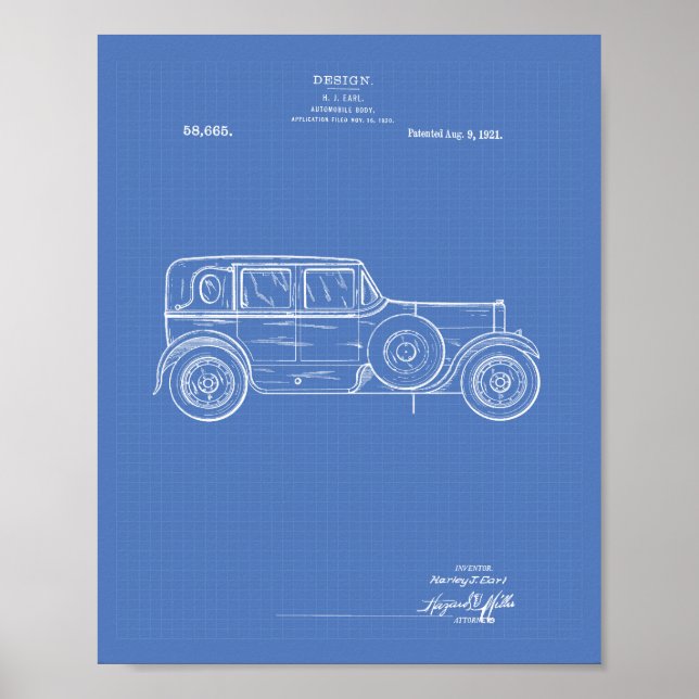 Pôster Design Car Body 1921 Patent Art - Blueprint (Frente)