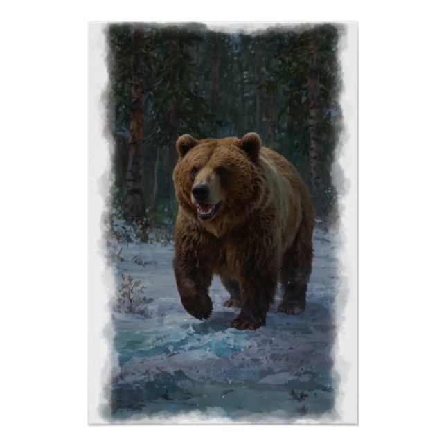 Pôster Design da Vida Selvagem do Urso Grizzly e da Neve (Frente)