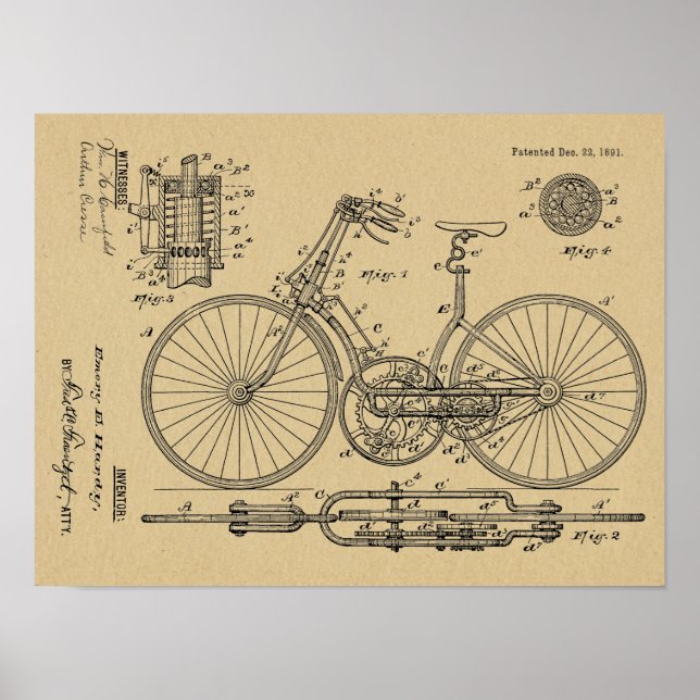 Pôster design de arte patente de 1891 da bicicleta de 189 (Frente)