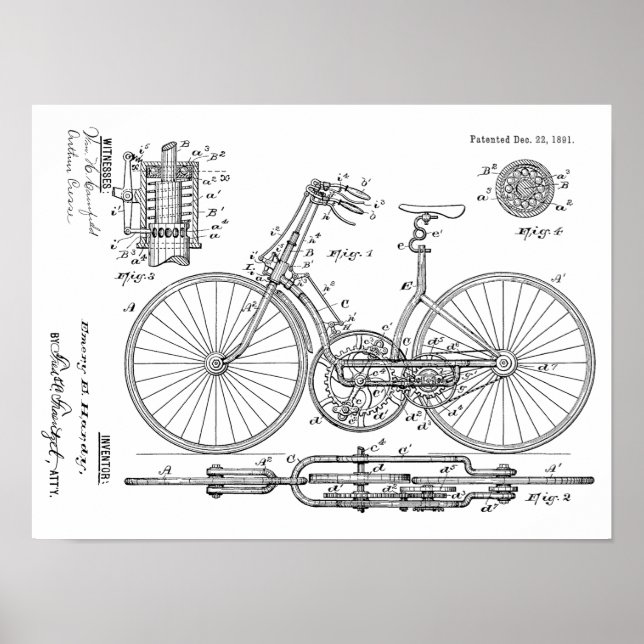 Pôster design de arte patente de 1891 da bicicleta de 189 (Frente)