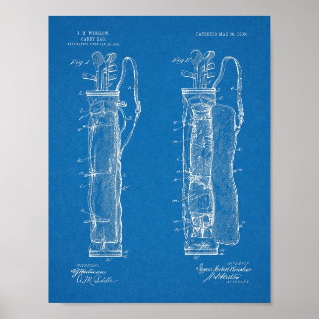 Pôster design de Arte Patente do Golf Club Caddy Bag 1905 (Frente)