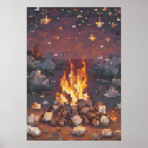 Poster Design de Arte Pixel de Acampamento Retro - Foguei