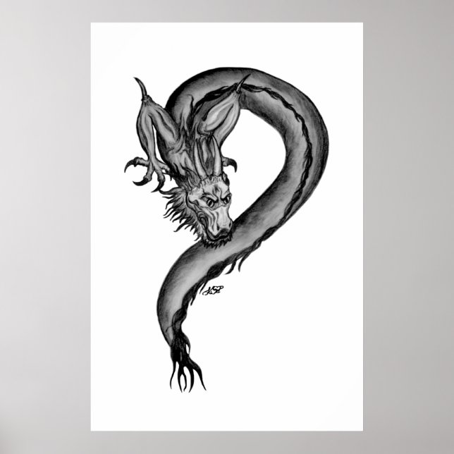 Pôster Design de dragão preto e branco (Frente)