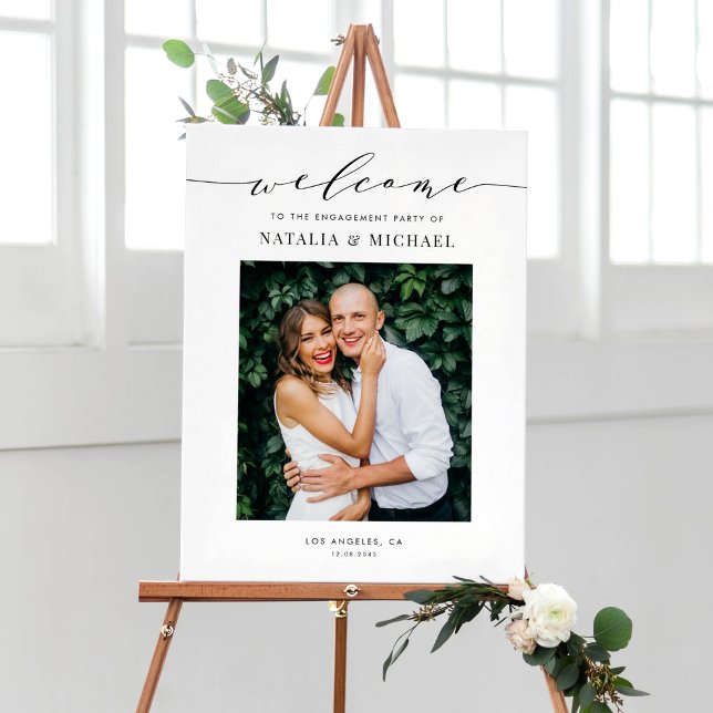 Poster Design de Festa de noivado de Fotografia de  de Sc (Elegant photo welcome sign with black calligraphy and minimalist script for engagement parties. )