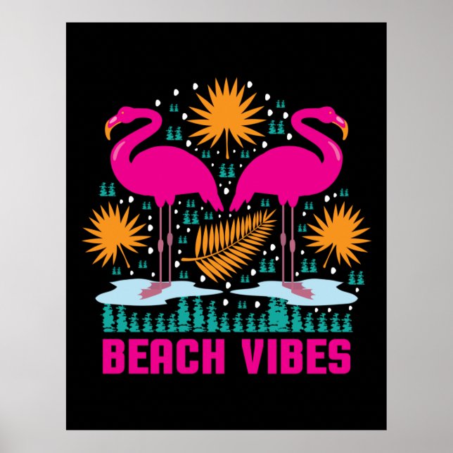 Poster Design de Flamingos Rosa Vibes de Praia (Frente)
