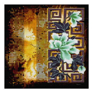 Pôster Design de Flor Asiática Art Déco Vintage Danificad