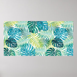 Poster Design de folha tropical com palma verde/azul e