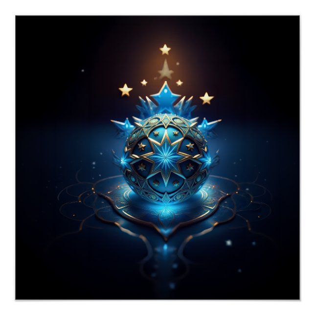 Pôster Design de Fractal Branco Azul Com Estrelas (Frente)
