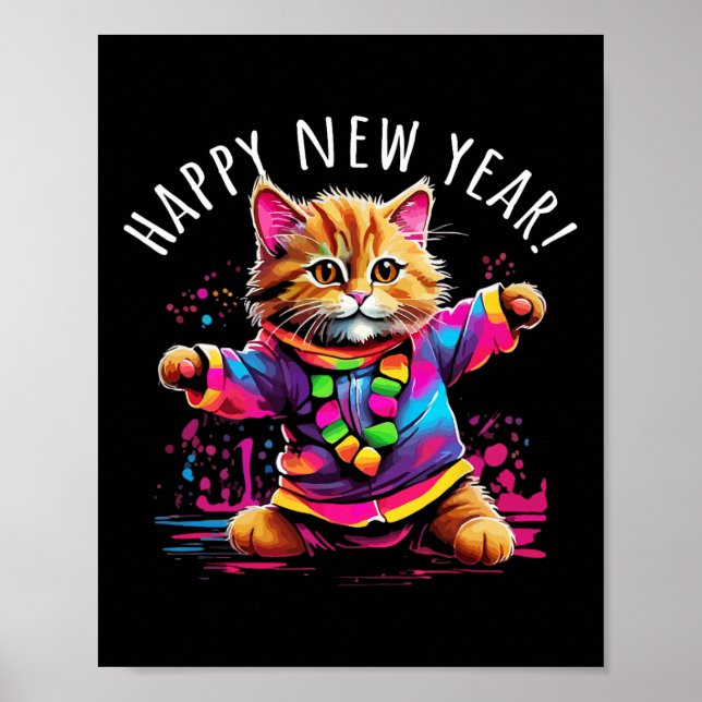 Poster Design de Gato Dançante de feliz ano novo (Frente)