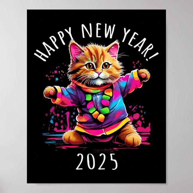 Poster Design de Gato Dançante do feliz ano novo 2025 (Frente)