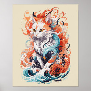Poster Design de Gato Fofo em Estilo Neo Tradicional