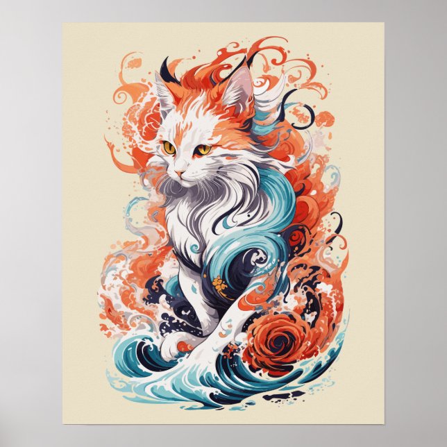 Poster Design de Gato Fofo em Estilo Neo Tradicional (Frente)