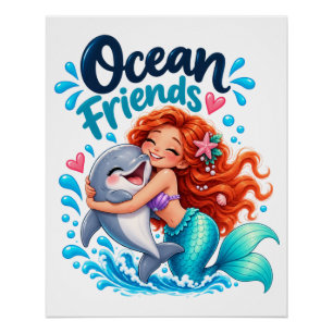 Pôster Design de Golfinho Amigos da Sereia Fofa